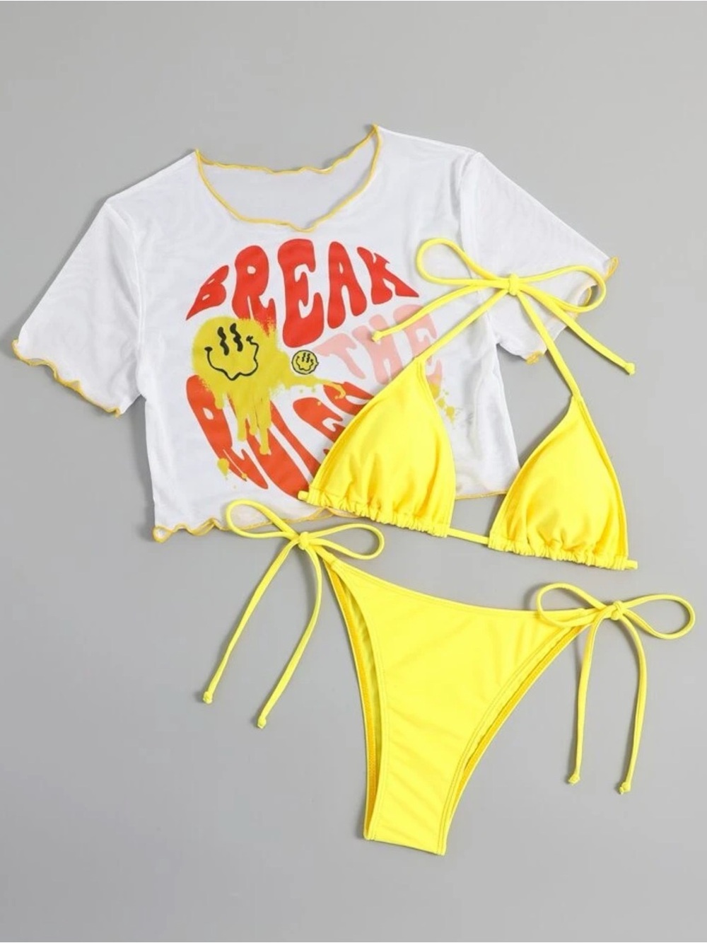 Cartoon Face Bikini Halter Triangle Bra:Tie Side Bottom/Cover Up Top 3 Piece - Picture 2 of 2